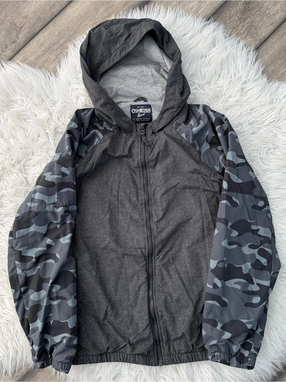 OshKosh B'gosh Boys 14 Hooded Zip Jacket - Charcoal with Gray Camo Sleeves